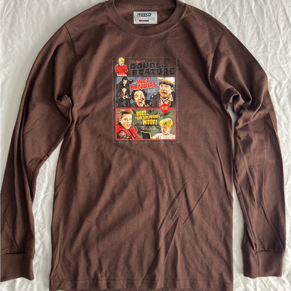 Home Alone | Double Feature | Movie Style Poster Long Sleeve Brown Tee Size S